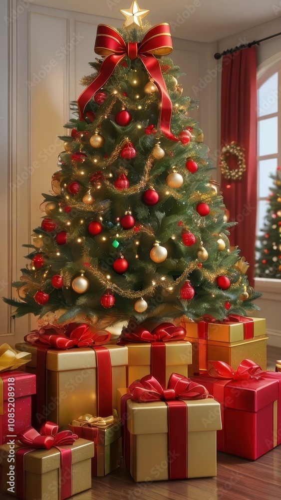 A stunning, classic depiction of a Christmas tree adorned with vibrant red and gold ornaments, sparkling lights, and a large golden star with a red ribbon as the tree topper. The tree is surrounded by A stunning, classic depiction of a Christmas tree adorned with vibrant red and gold ornaments, sparkling lights, and a large golden star with a red ribbon as the tree topper. The tree is surrounded by