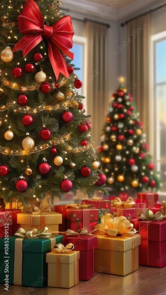 A stunning, classic depiction of a Christmas tree adorned with vibrant red and gold ornaments, sparkling lights, and a large golden star with a red ribbon as the tree topper. The tree is surrounded by A stunning, classic depiction of a Christmas tree adorned with vibrant red and gold ornaments, sparkling lights, and a large golden star with a red ribbon as the tree topper. The tree is surrounded by