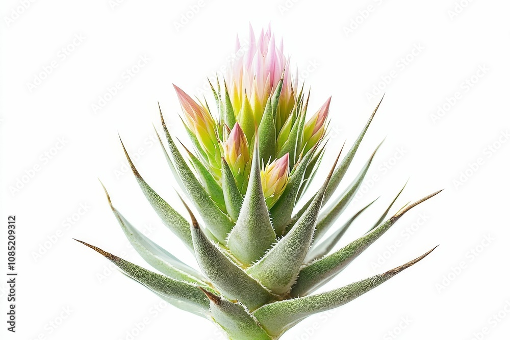 Spiky green plant with pink flower buds. Spiky green plant with pink flower buds.
