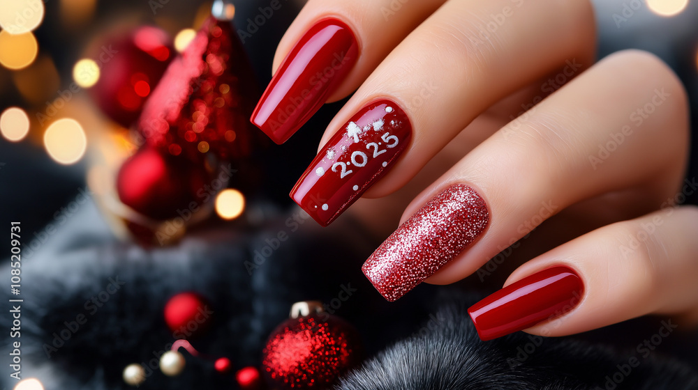 New Year’s manicure: Bright red nails featuring festive decorations and the year New Year’s manicure: Bright red nails featuring festive decorations and the year