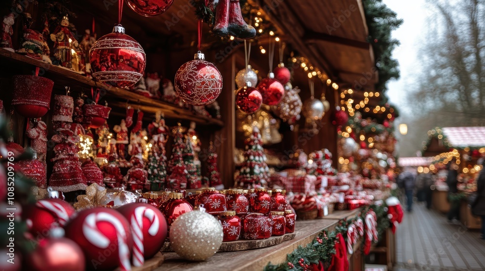 Naklejka premium A festive market scene adorned with Christmas decorations, showcasing red and gold ornaments, lights, and a joyful holiday atmosphere.