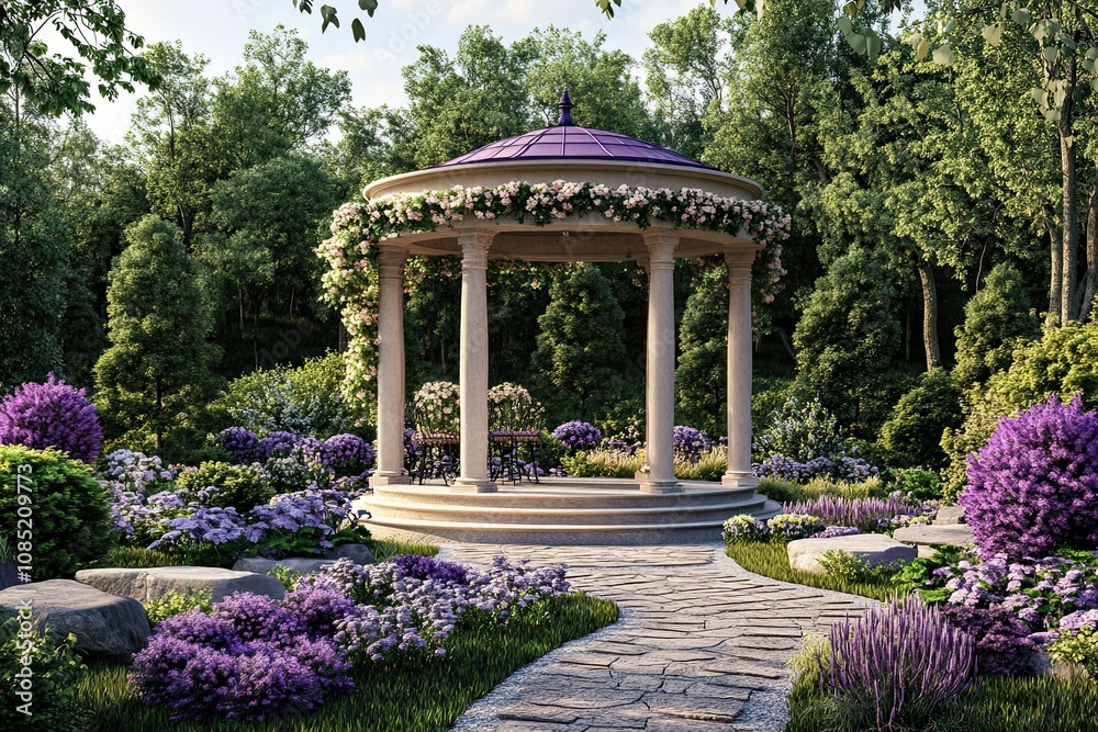 Obraz premium purple and cream elegant romantic round pavilion with elegant paving stones and different flowers 