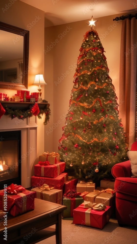 A stunning, classic depiction of a Christmas tree adorned with vibrant red and gold ornaments, sparkling lights, and a large golden star with a red ribbon as the tree topper. The tree is surrounded by A stunning, classic depiction of a Christmas tree adorned with vibrant red and gold ornaments, sparkling lights, and a large golden star with a red ribbon as the tree topper. The tree is surrounded by