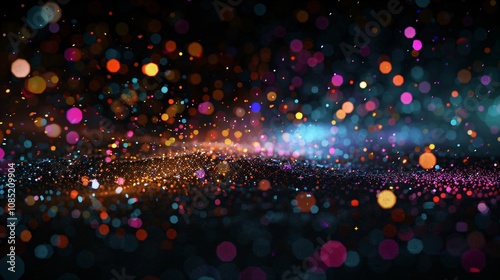 Lumières scintillantes et colorées sur fond noir, arrière plan, fond graphique, effet de flou et de bokeh