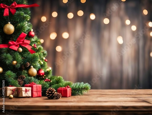 Empty Christmas Table Background With Christmas Tree For Product Display Montage.
