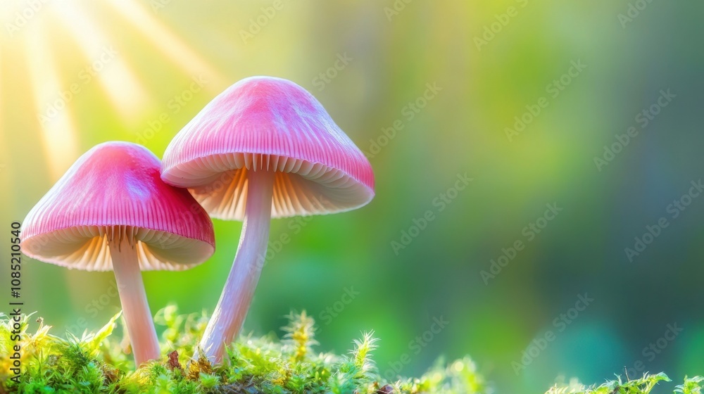 Mushrooms in sunlight on a peaceful forest floor, ample space for text Mushrooms in sunlight on a peaceful forest floor, ample space for text