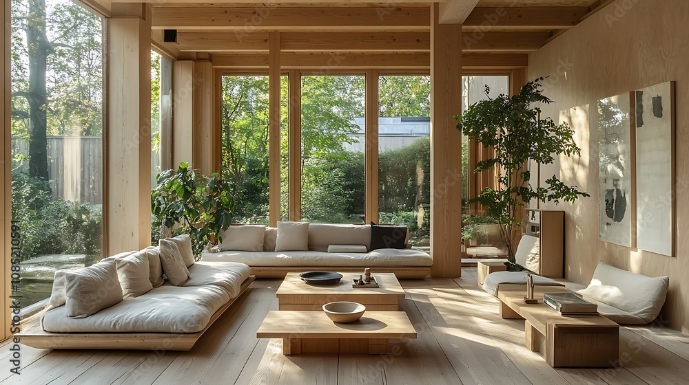 Cozy modern living room with natural light and greenery. Cozy modern living room with natural light and greenery.