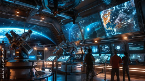 Fototapeta Naklejka Na Ścianę i Meble -  Futuristic space observatory with advanced telescopes and scientists studying Earth and galaxies