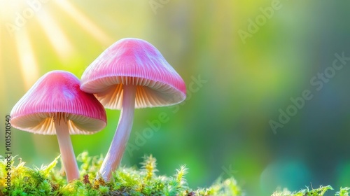 Wallpaper Mural Mushrooms in sunlight on a peaceful forest floor, ample space for text Torontodigital.ca