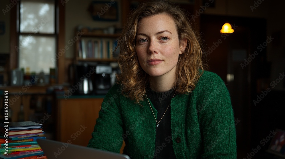Portrait of a Thoughtful Young Woman in a Cozy Room with Warm Lighting, Featuring Soft Curly Hair, and Dressed in a Green Cardigan, Engaged in Creative Work at a Laptop Portrait of a Thoughtful Young Woman in a Cozy Room with Warm Lighting, Featuring Soft Curly Hair, and Dressed in a Green Cardigan, Engaged in Creative Work at a Laptop
