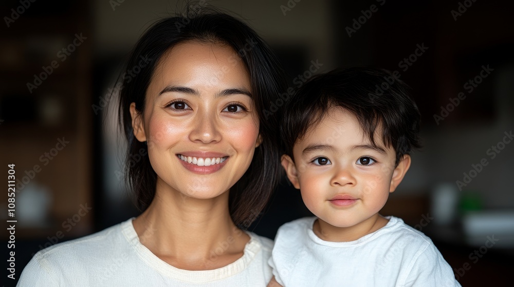 Happy mother and toddler smiling together in a cozy indoor setting, showcasing a joyful bond and love between parent and child in a natural environment. Happy mother and toddler smiling together in a cozy indoor setting, showcasing a joyful bond and love between parent and child in a natural environment.