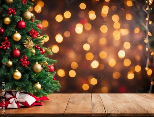 Empty Christmas Table Background With Christmas Tree For Product Display Montage.