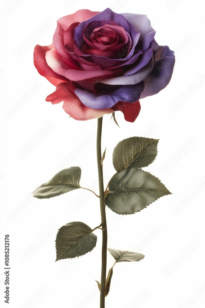 A single purple and red rose with green leaves. A single purple and red rose with green leaves.