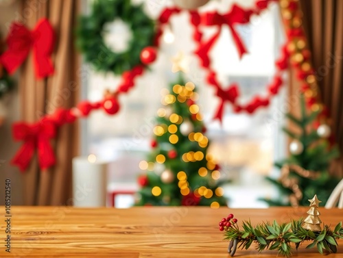 Empty Christmas Table Background With Christmas Tree For Product Display Montage.