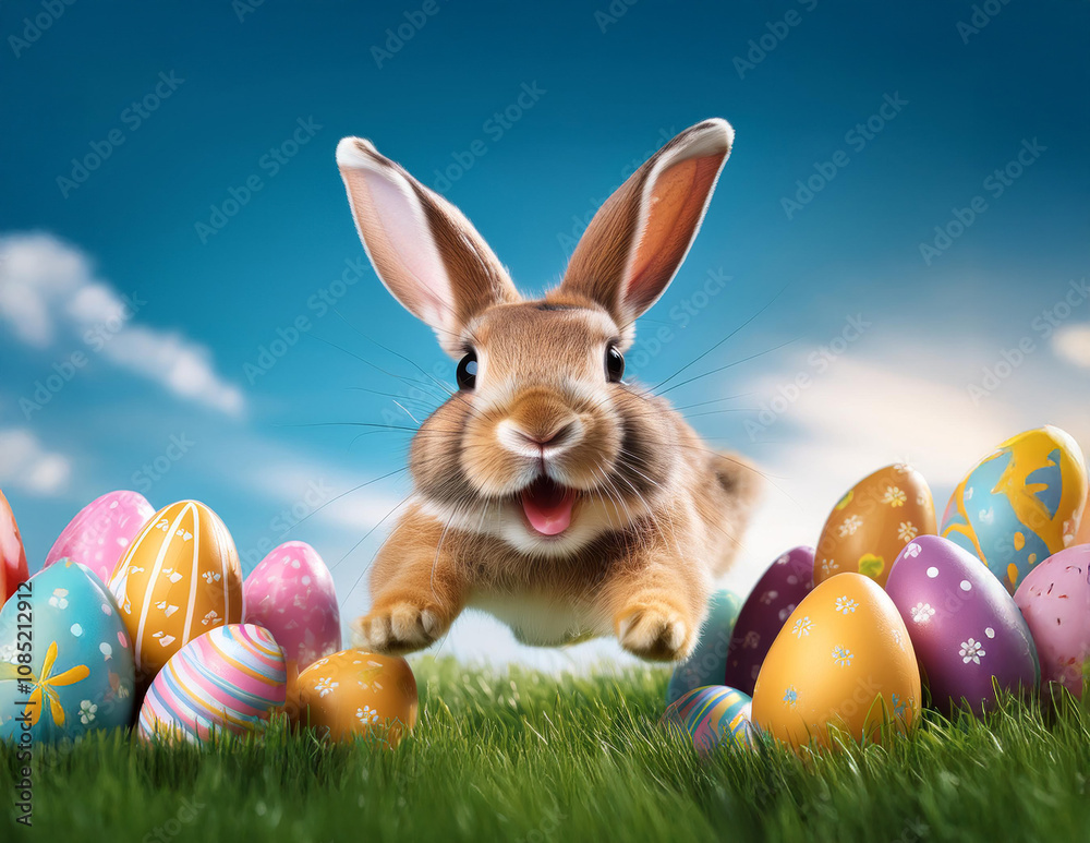 Osterhase läuft zwischen den Eiern