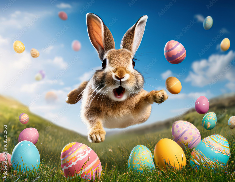 Osterhase hat Spaß mit den Ostereiern