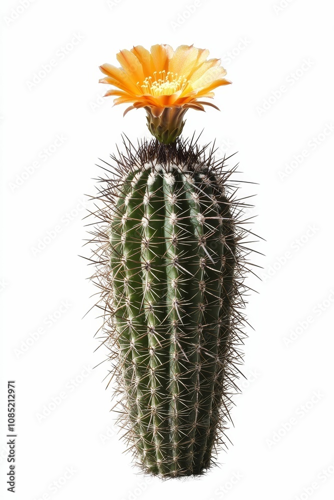 Orange-flowered cactus, spiny, isolated. Orange-flowered cactus, spiny, isolated.