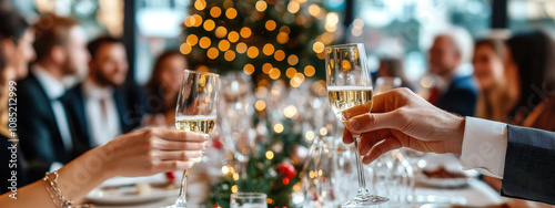 People toasting with champagne glasses at festive holiday party