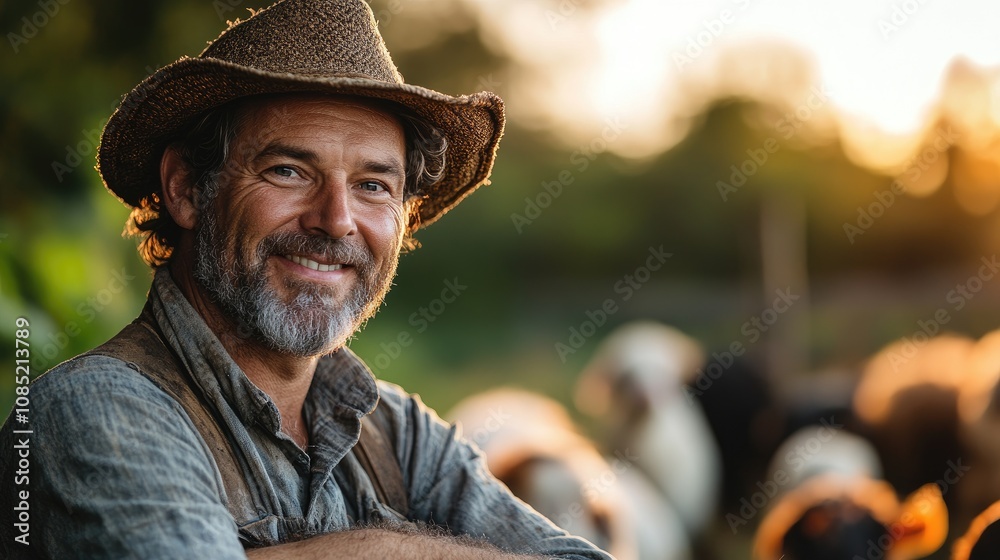 Portrait of smiling farmer standing in front of grazing cattle at sunset Portrait of smiling farmer standing in front of grazing cattle at sunset