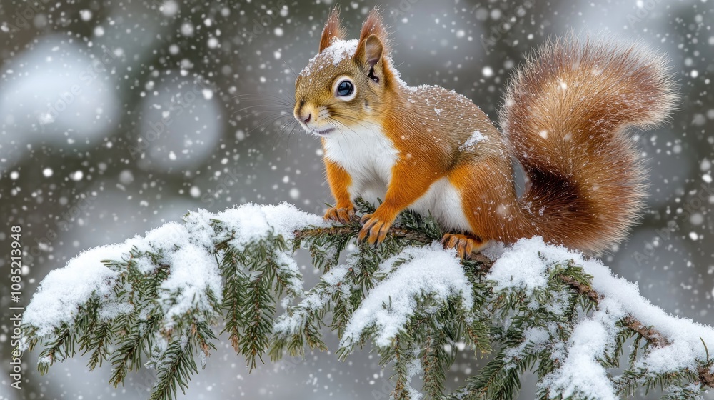 Red squirrel perched on snowy pine branch during snowfall Red squirrel perched on snowy pine branch during snowfall