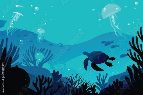 Create a hyperrealistic illustration of a vibrant underwater ecosystem teeming with diverse jellyfish species, showcasing intricate coral reefs and diverse marine life.