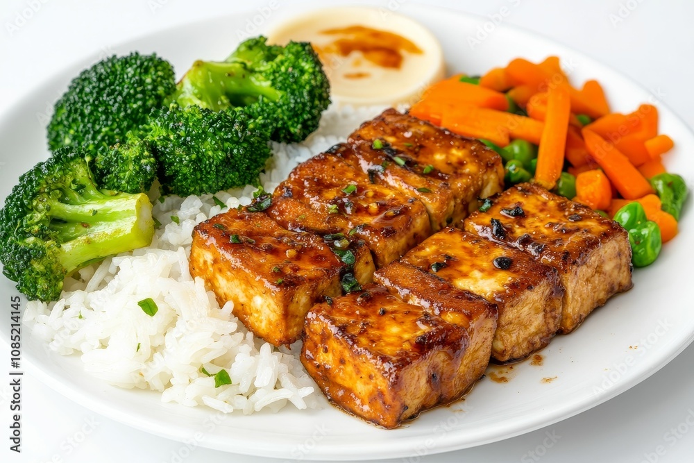Glazed tofu, rice, broccoli, carrots, peas on plate. Glazed tofu, rice, broccoli, carrots, peas on plate.