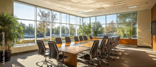 Modern conference room with large windows providing natural light