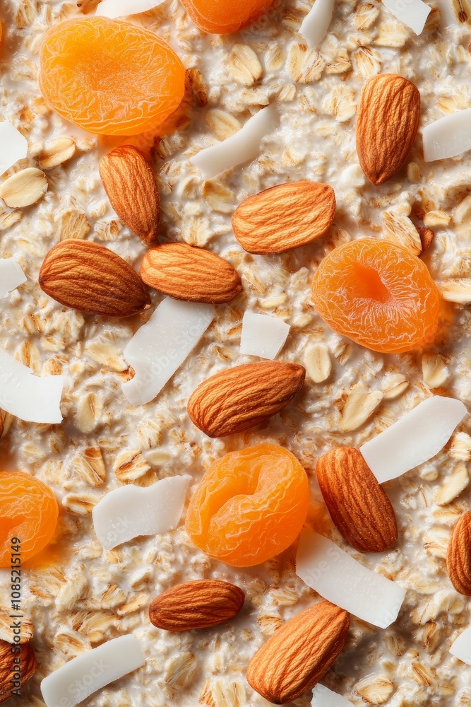 Oatmeal with almonds, apricots, and coconut flakes. Oatmeal with almonds, apricots, and coconut flakes.