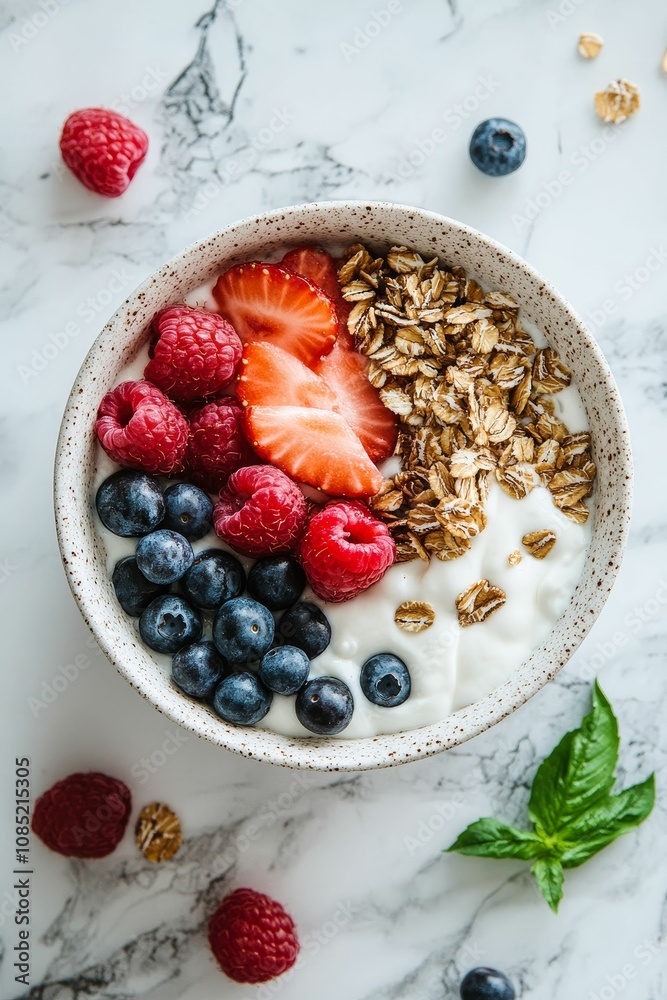 Yogurt, berries, granola, and a sprig of mint.