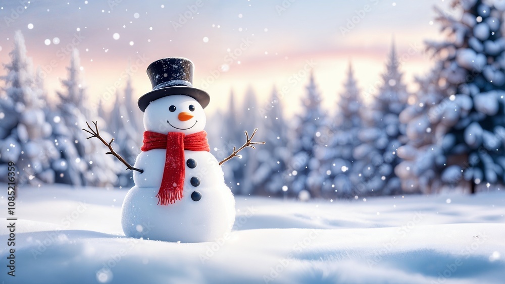 Fototapeta premium a calm winter scene with a snowman at the center of a snow-blanketed meadow 