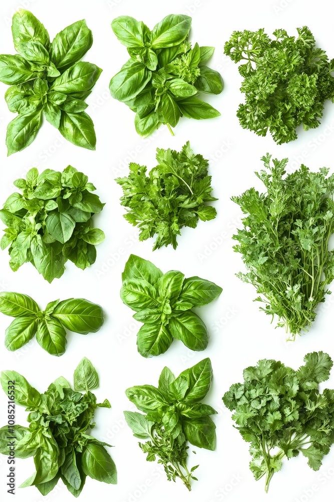 Obraz premium Assortment of fresh herbs on white background.