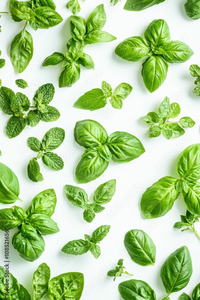 Green basil and mint leaves on white. Green basil and mint leaves on white.