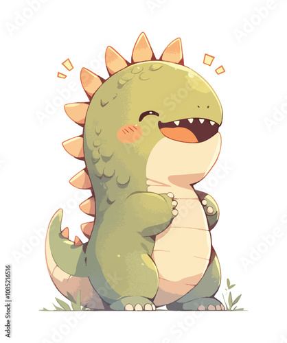 A cute, smiling cartoon dinosaur with spiky back and cheerful expression.