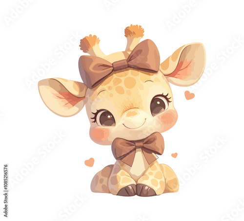 A cute, cartoon-style giraffe with a bow, exuding a playful and cheerful vibe.
