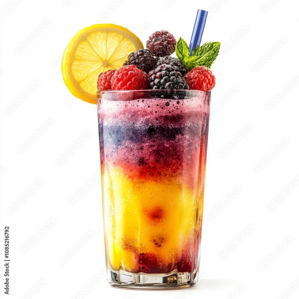 A layered smoothie with raspberries and lemon. A layered smoothie with raspberries and lemon.