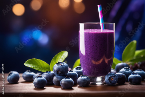 Photo blueberry frash smoothie drink with blueberry dark lghiting background