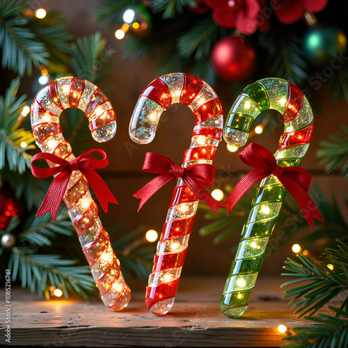 Charming holiday candy canes decoratively lit with sparkling lights and ribbons on a rustic wooden table, photography of still life concept.