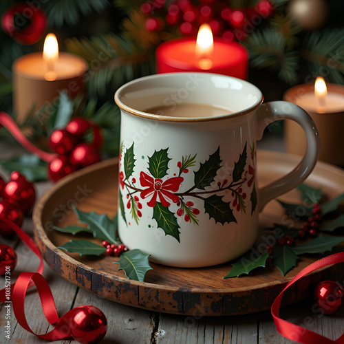 Cozy holiday scene with a decorated mug and festive candlelights for a magical winter atmosphere, photography of still life concept. photo