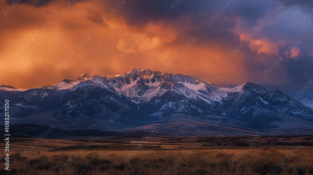 A mountain range in the distance with a beautiful orange and blue sky. A mountain range in the distance with a beautiful orange and blue sky.