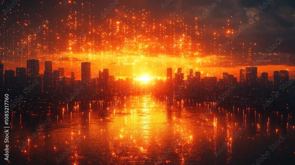 Fiery sunset over city skyline reflected in water. Fiery sunset over city skyline reflected in water.