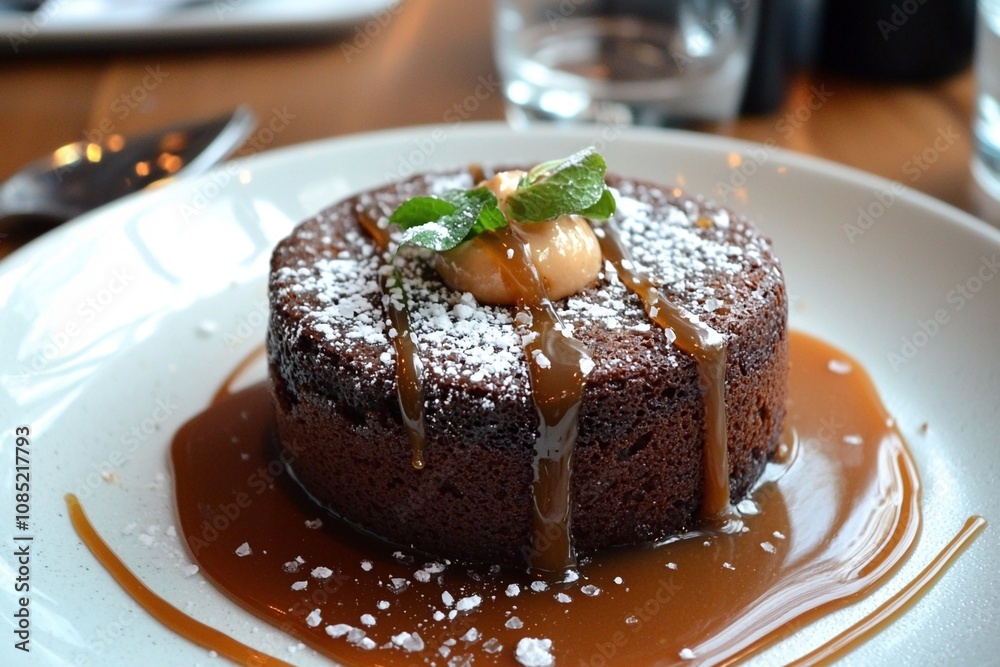 Decadent Chocolate Lava Cake with Caramel Drizzle and Mint Garnish Decadent Chocolate Lava Cake with Caramel Drizzle and Mint Garnish