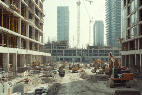 Construction site with excavators and skyscrapers.