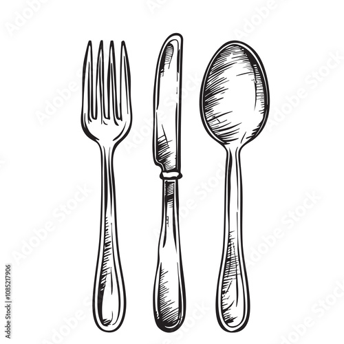 Hand drawn Fork Spoon Knife Cutlery Sketch Illustration