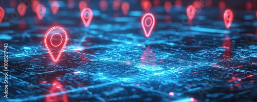 Futuristic digital map with glowing location pins representing navigation and geolocation technology.