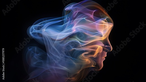 An ethereal representation of a face formed by flowing, colorful smoke against a dark background.