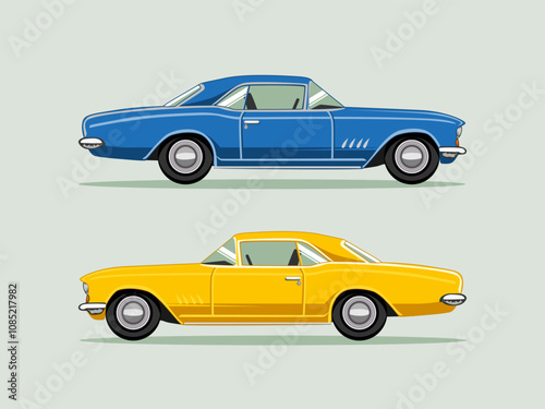 Blue and Green Classic Car Vector Illustration Isolated. Vintage Car Illustration. Classic Transportation Vector.