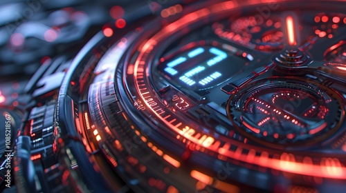 Wallpaper Mural Close-Up of Advanced Futuristic Clock Interface with Red and Blue Neon Details Torontodigital.ca