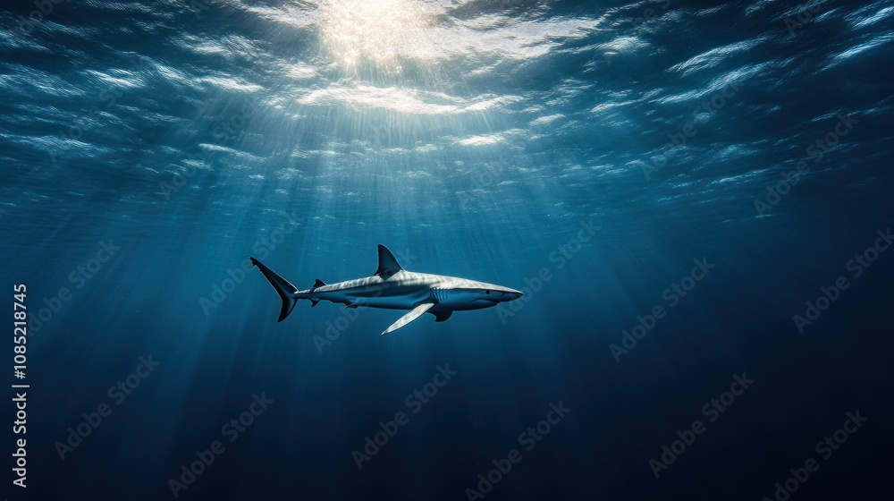 Shark Silhouette in Sunlit Ocean Depths Shark Silhouette in Sunlit Ocean Depths