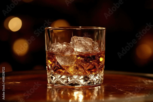 Glass of whiskey on rustic wooden table, illuminated by warm evening light through window, casting a golden hue across the rich amber liquid.