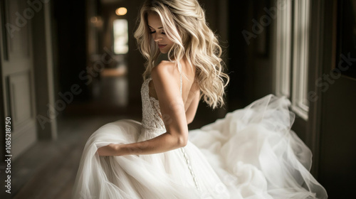 Stunning bride in a flowing white gown, showcasing exquisitely styled blonde curls. Professional salon hair artistry enhances her elegance.